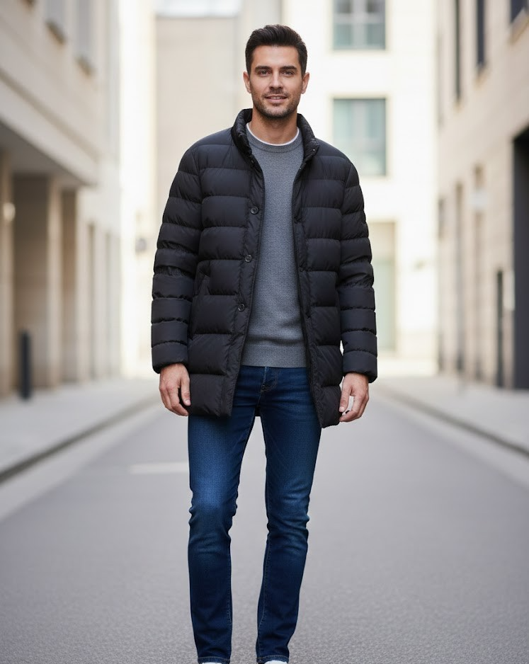 Strandfein Menswear Herren Steppjacke Schwarz Stehkragen Jacke