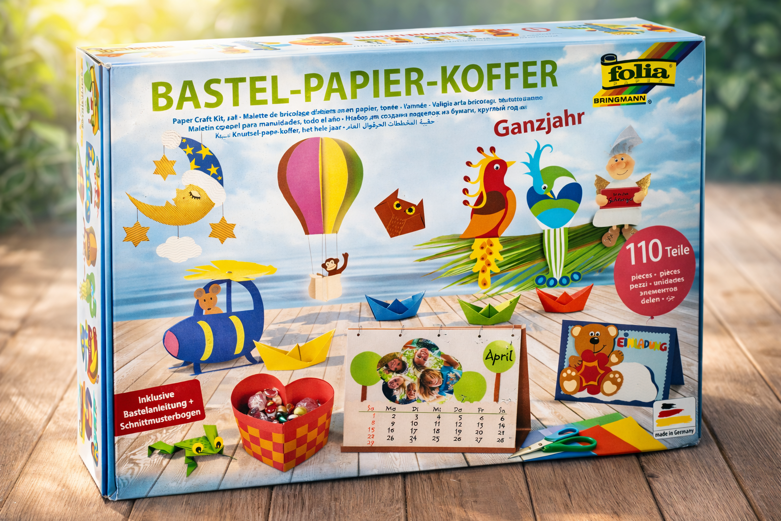 folia Bastelpapierkoffer 110 Teile – Ganzjahr Kreativ Set Kinder Basteln DIY