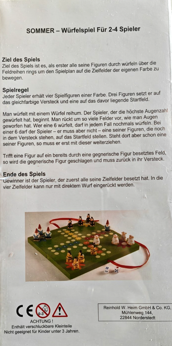 Sommer Würfelspiel Brettspiel 2-4 Spieler mit 16 Figuren Zwerge Tiere D9