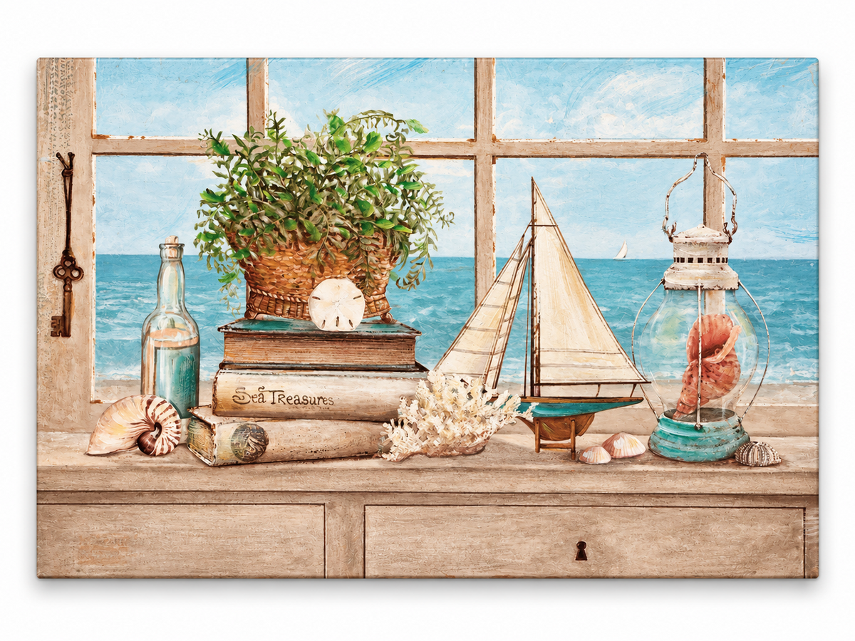 Maritimes Wandbild 50x35 cm Segelboot Muscheln Meer Vintage Küsten Deko E7