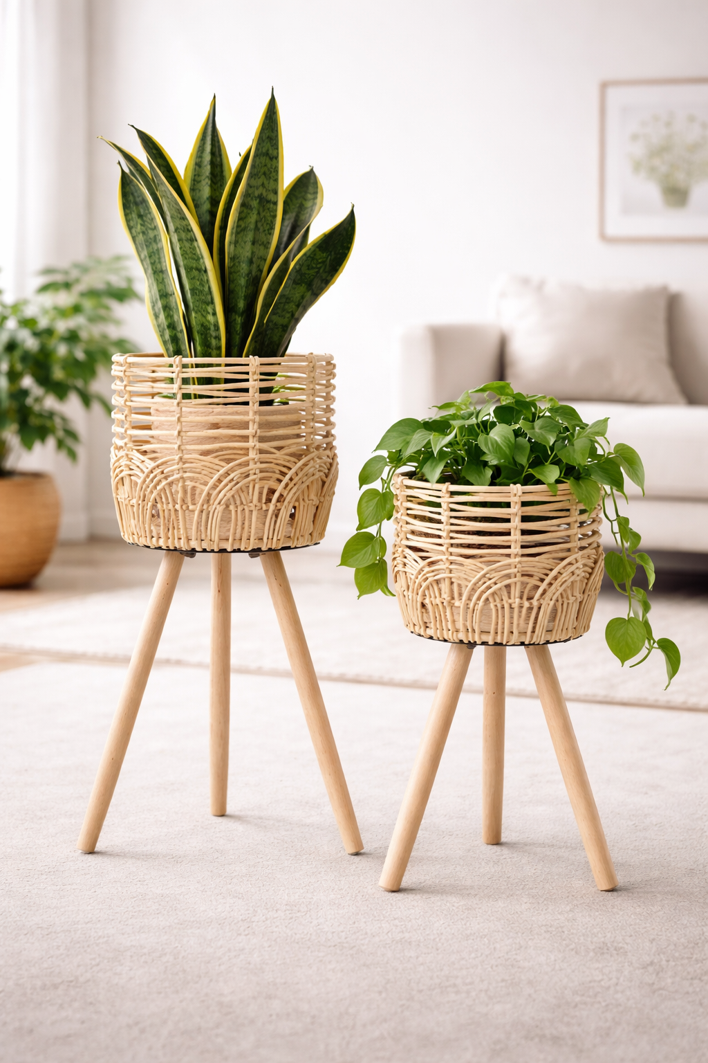 Blumentopf mit Ständer 2er Set Rattan Look Boho