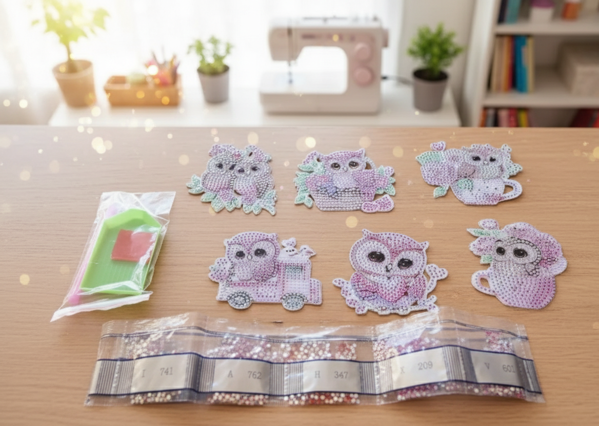Diamond Painting Schlüsselanhänger 6er Set Eulen Pink Rosa DIY Bastelset D10