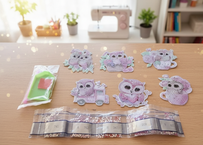 Diamond Painting Schlüsselanhänger 6er Set Eulen Pink Rosa DIY Bastelset D10
