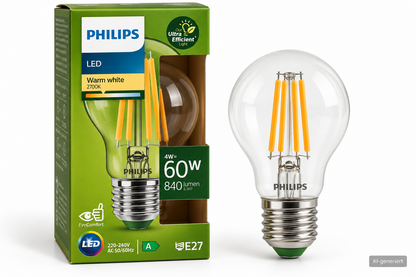 Philips Ultra Efficient LED E27 4W 840lm 2700K Warmweiß Filament A60 HA34