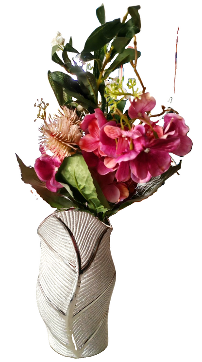 Kunstblumen Gesteck in silberner Blattvase 64 cm Rosa Deko Blumenstrauß E7