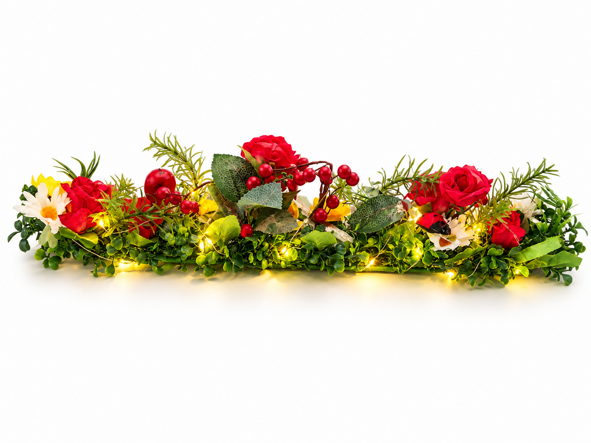 LED Tischgirlande 50 cm Rosen Marienkäfer Kunstblumen Tischdeko Lichterkette E7