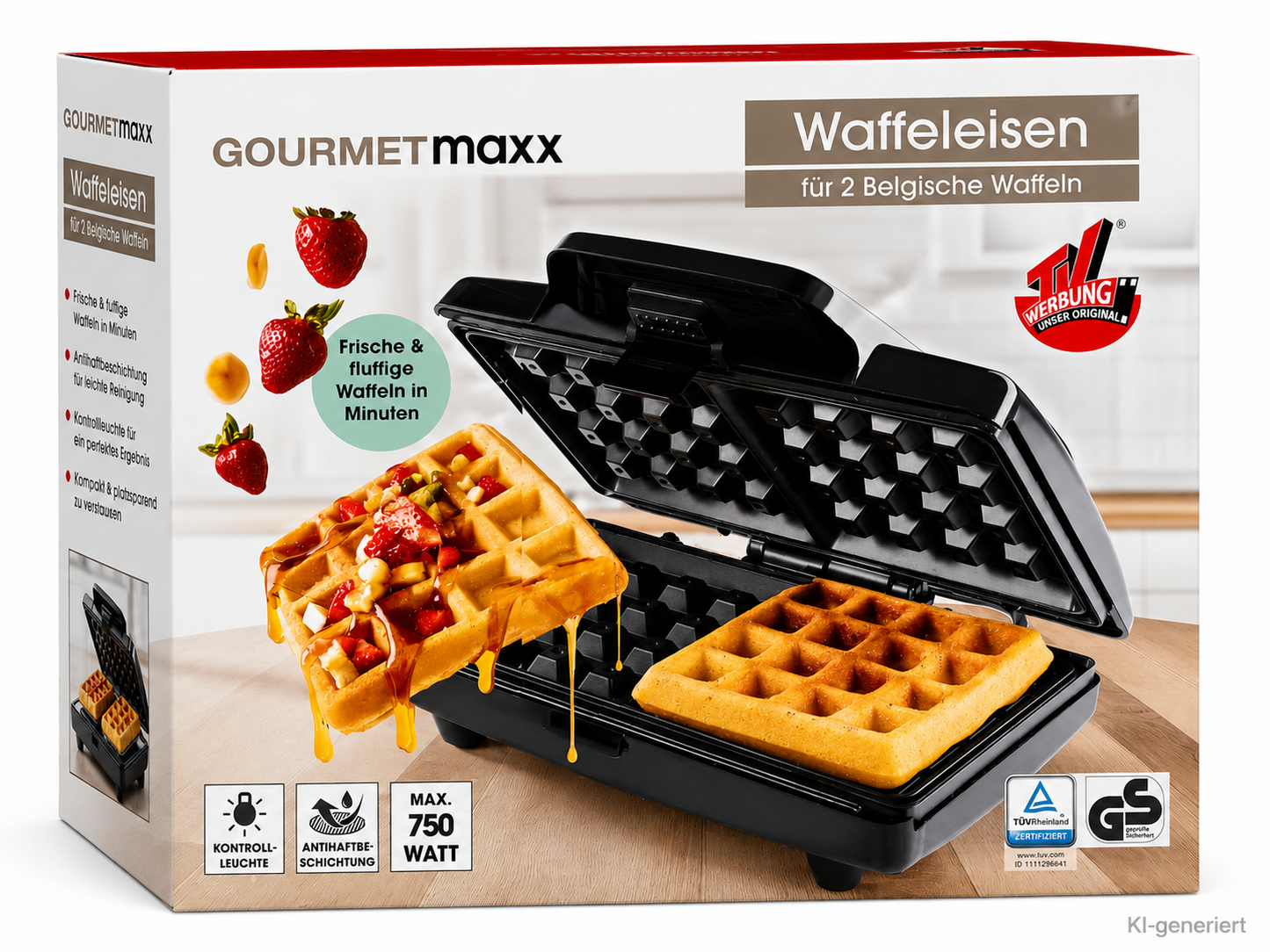 GOURMETmaxx Waffeleisen 750W für 2 Belgische Waffeln Antihaft Kontrollleuchte B7