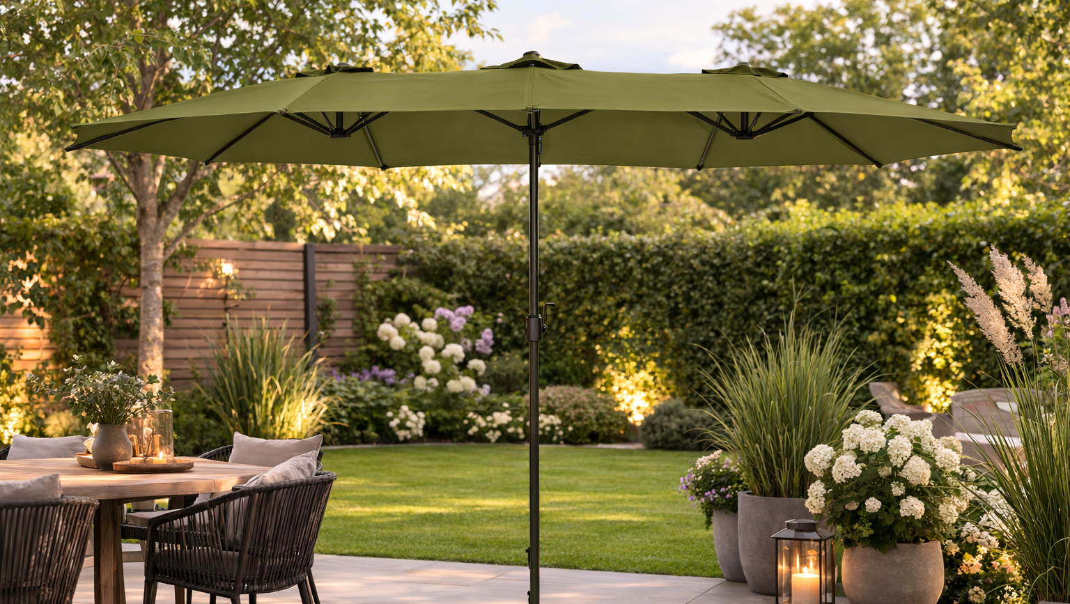 GREEN LOUNGE Doppel Sonnenschirm 150x300 Olivgrün UV80+ Kurbel