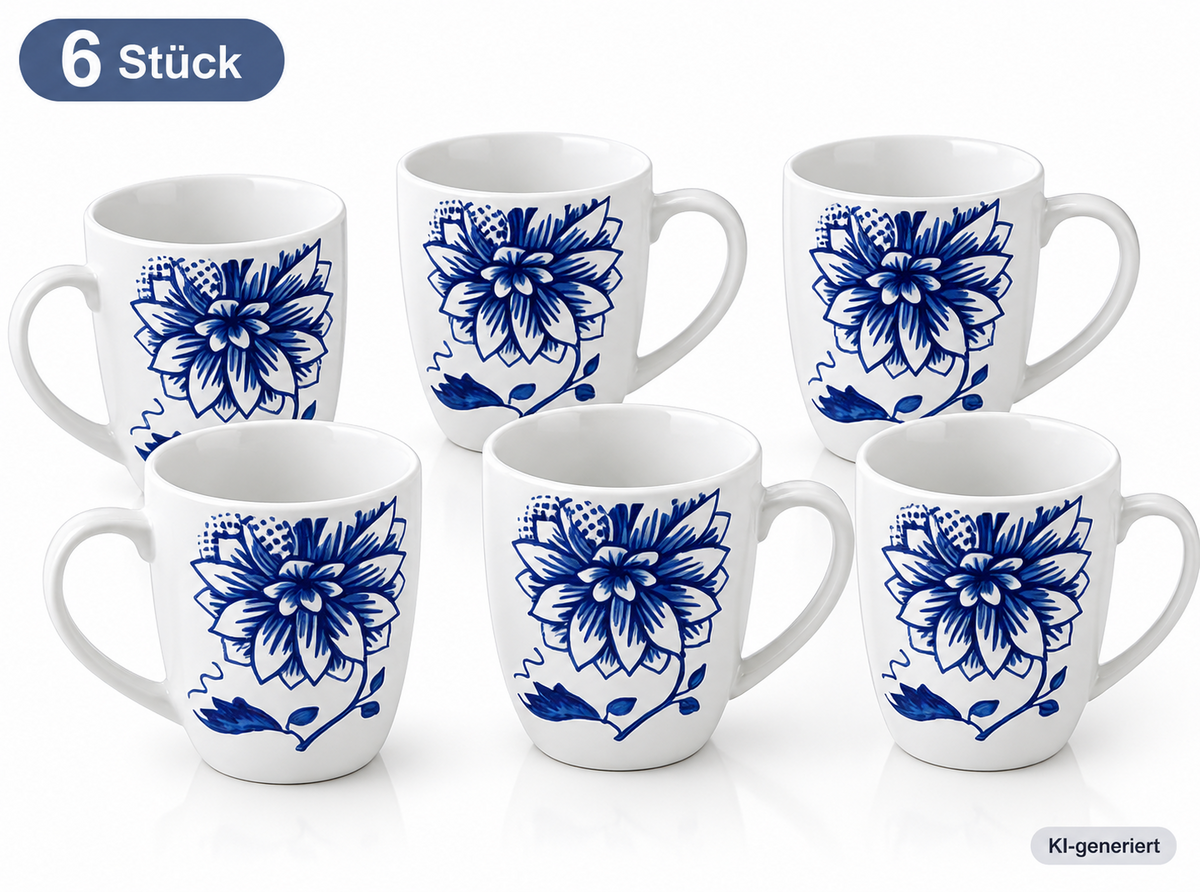 Arte Viva Luisa Kaffeebecher 6er Set Porzellan Tassen Blau Weiß Blumen HA18