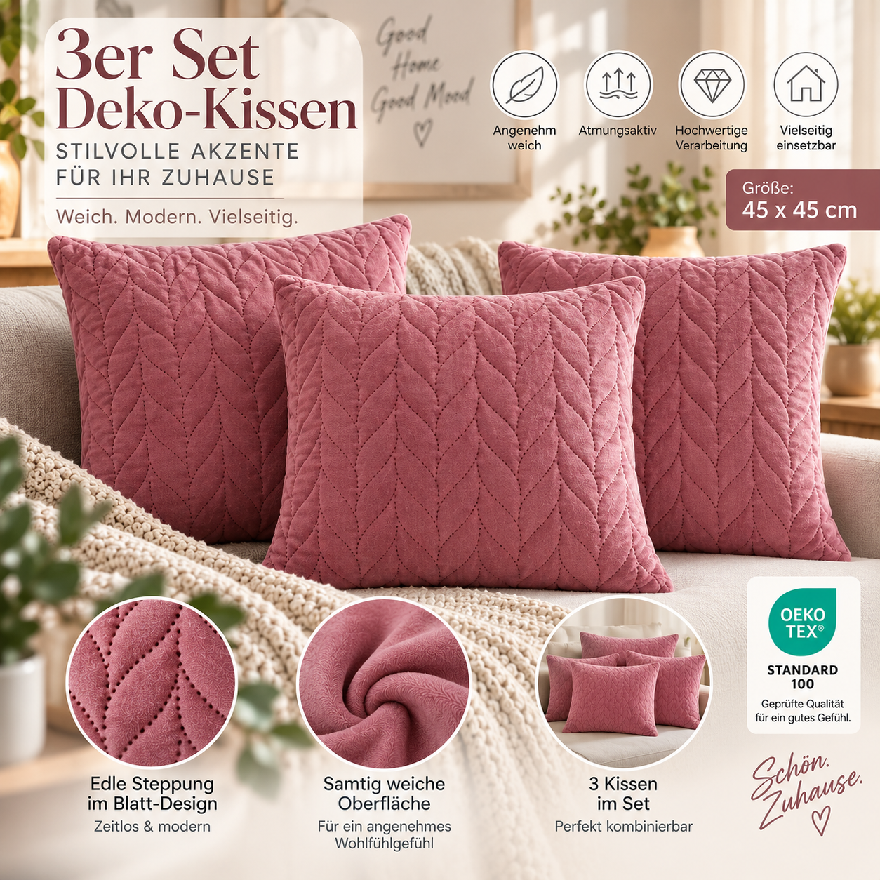 3x Lumas Dekokissen 45x45cm Altrosa Polyester Zierkissen Strukturmuster F5