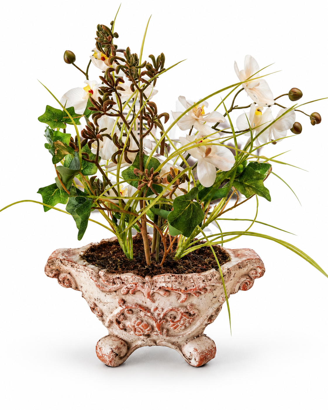 Künstliches Orchideengesteck mit Efeu Weiß Kunstblumen Pflanzschale 40 cm E7