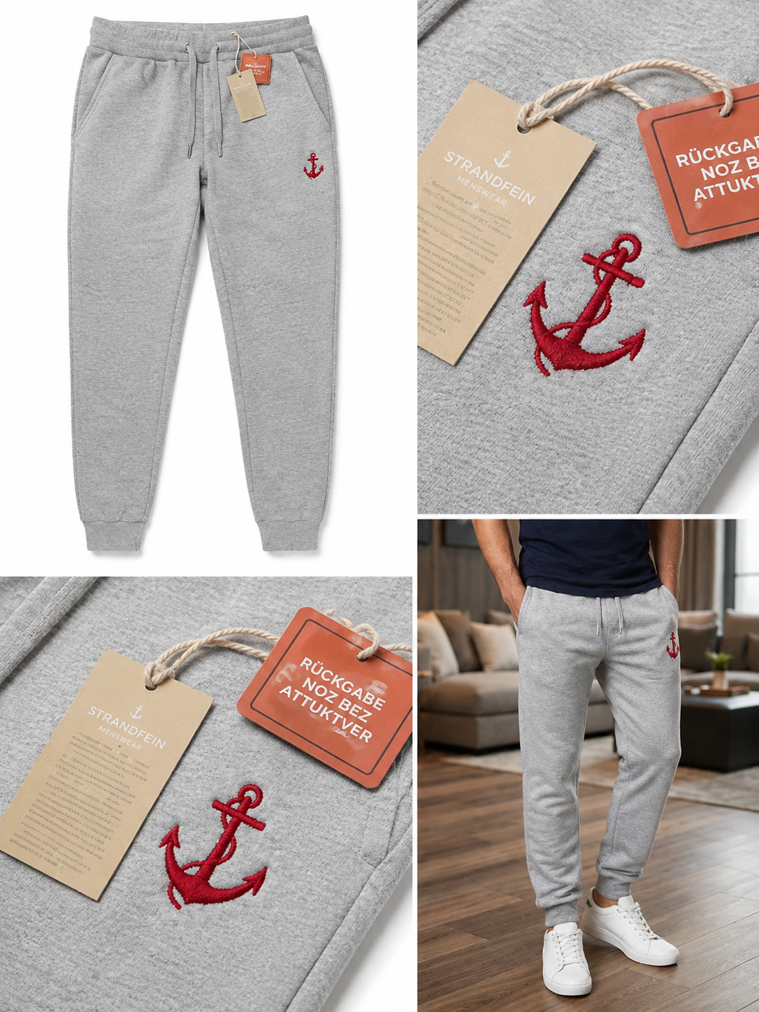 Strandfein Menswear Herren Sweathose Gr. S Grau Meliert Jogginghose Anker