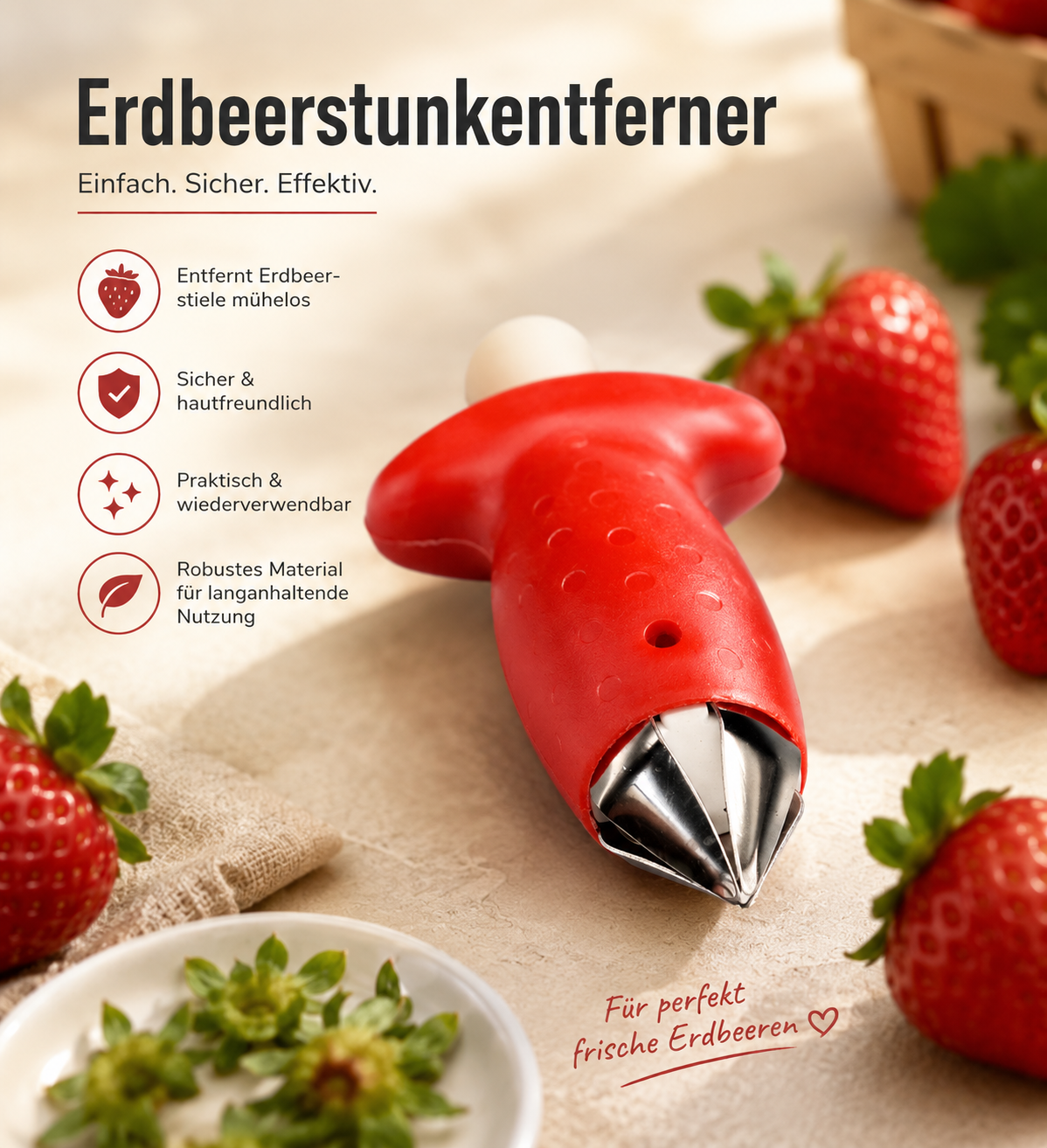 Erdbeerstrunkentferner Edelstahl Kunststoff Erdbeerentstieler Küchenhelfer B6