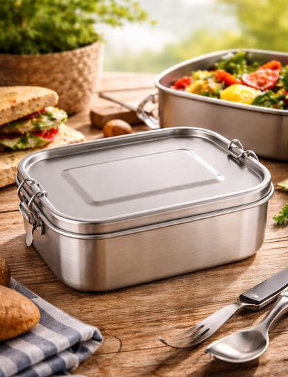 Lunchbox Edelstahl Brotdose mit Deckel Verschlussclips Metall Bento Box B5