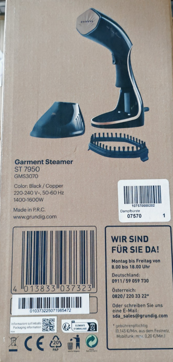 Grundig ST7950 Dampfbürste Dampfglätter 1600W Steamer Kleidung Bügelbürste C4