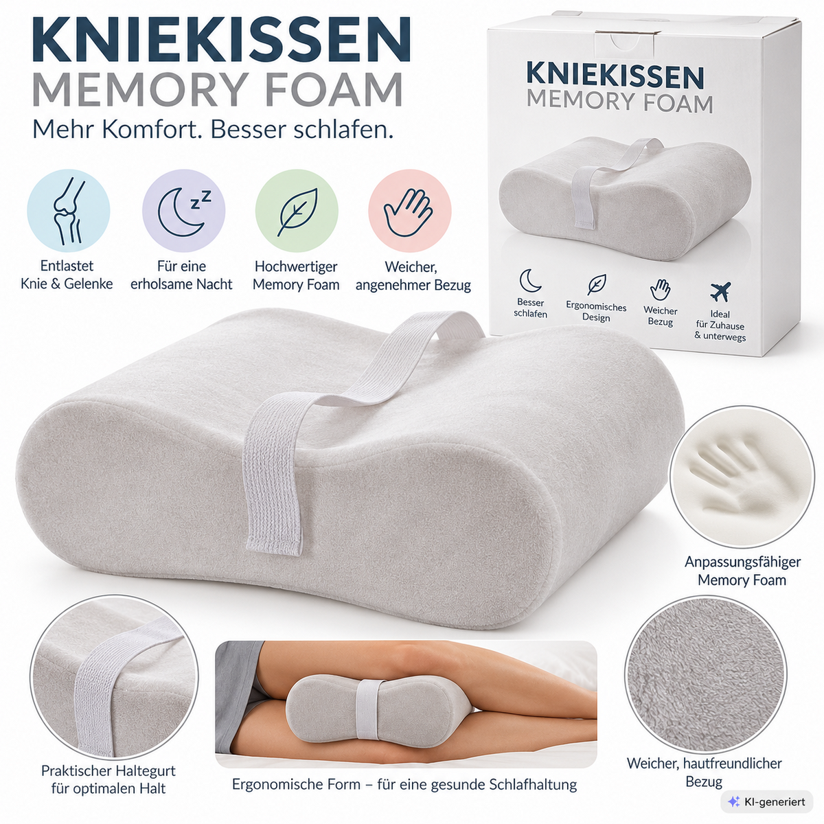 Kniekissen Memory Foam Seitenschläfer Beinkissen Ergonomisch Weiß HA30