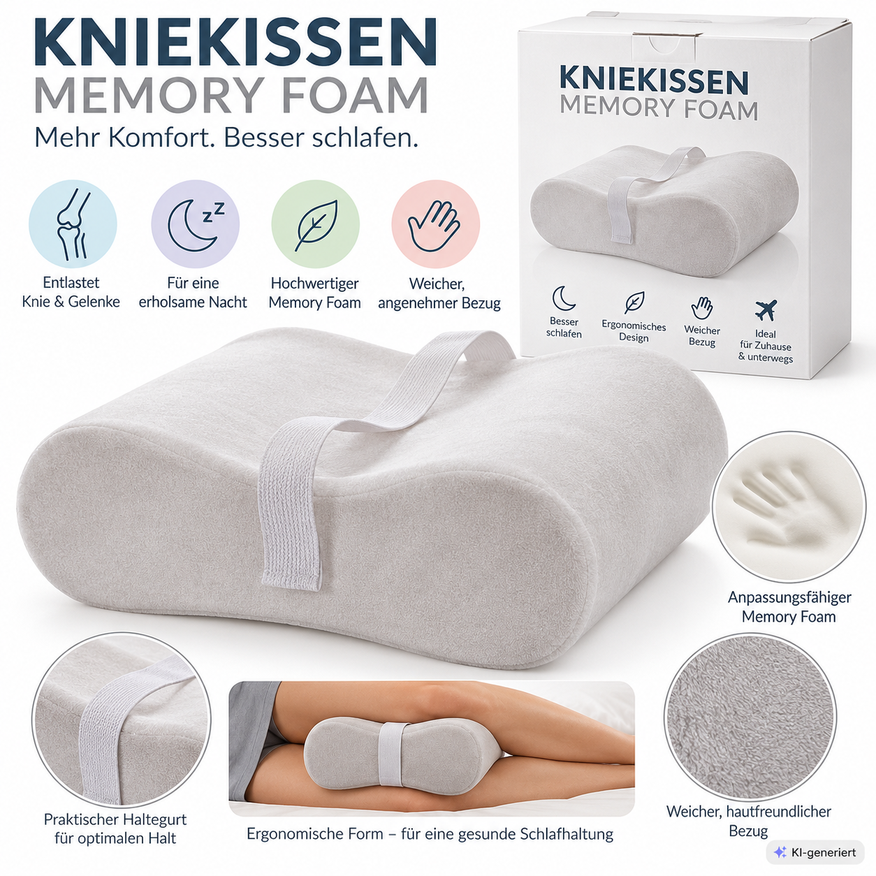 Kniekissen Memory Foam Seitenschläfer Beinkissen Ergonomisch Weiß HA30