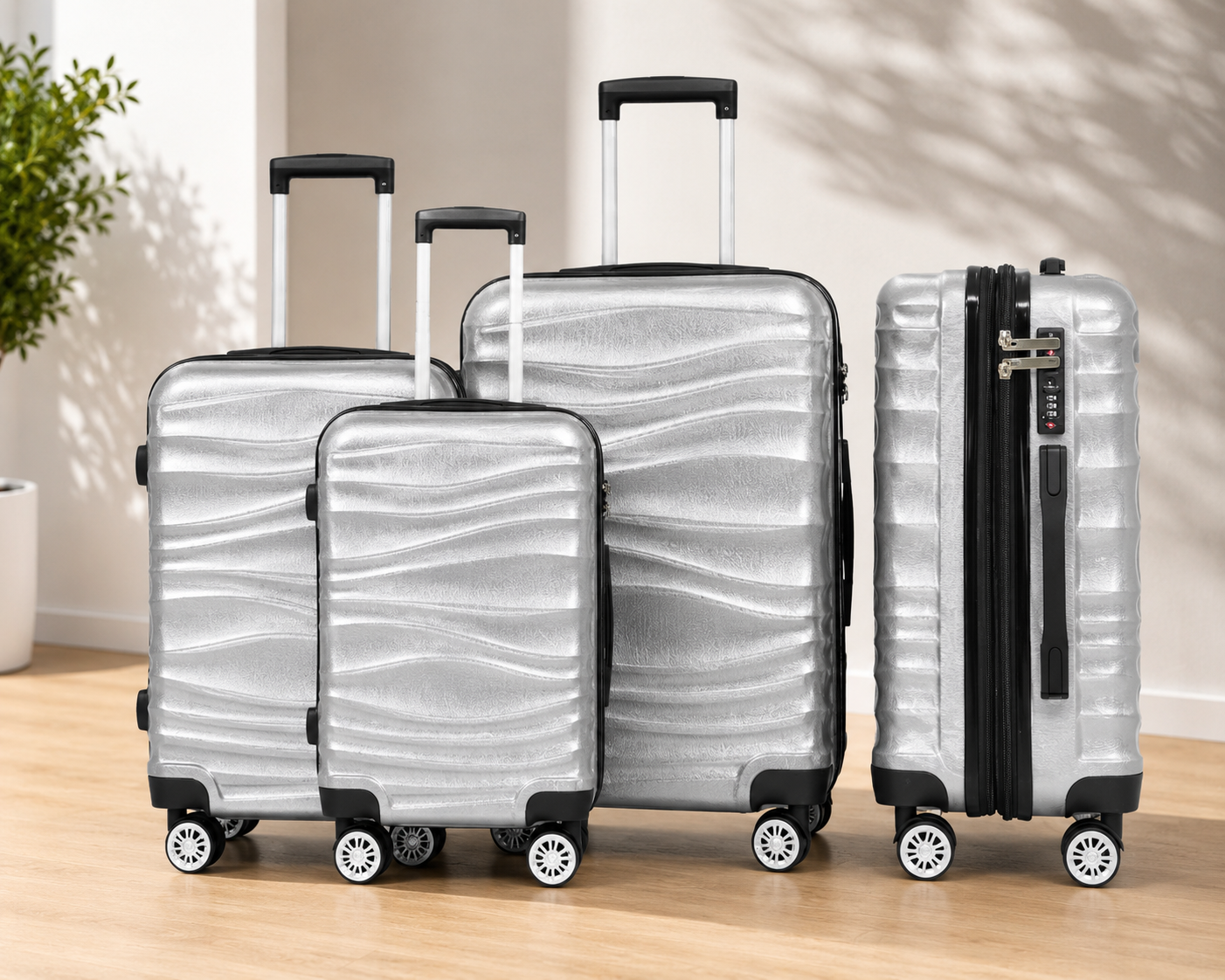 DMS BK-3002 3er Koffer Set Silber Hartschale Trolley Reisekoffer ABS 4 Rollen