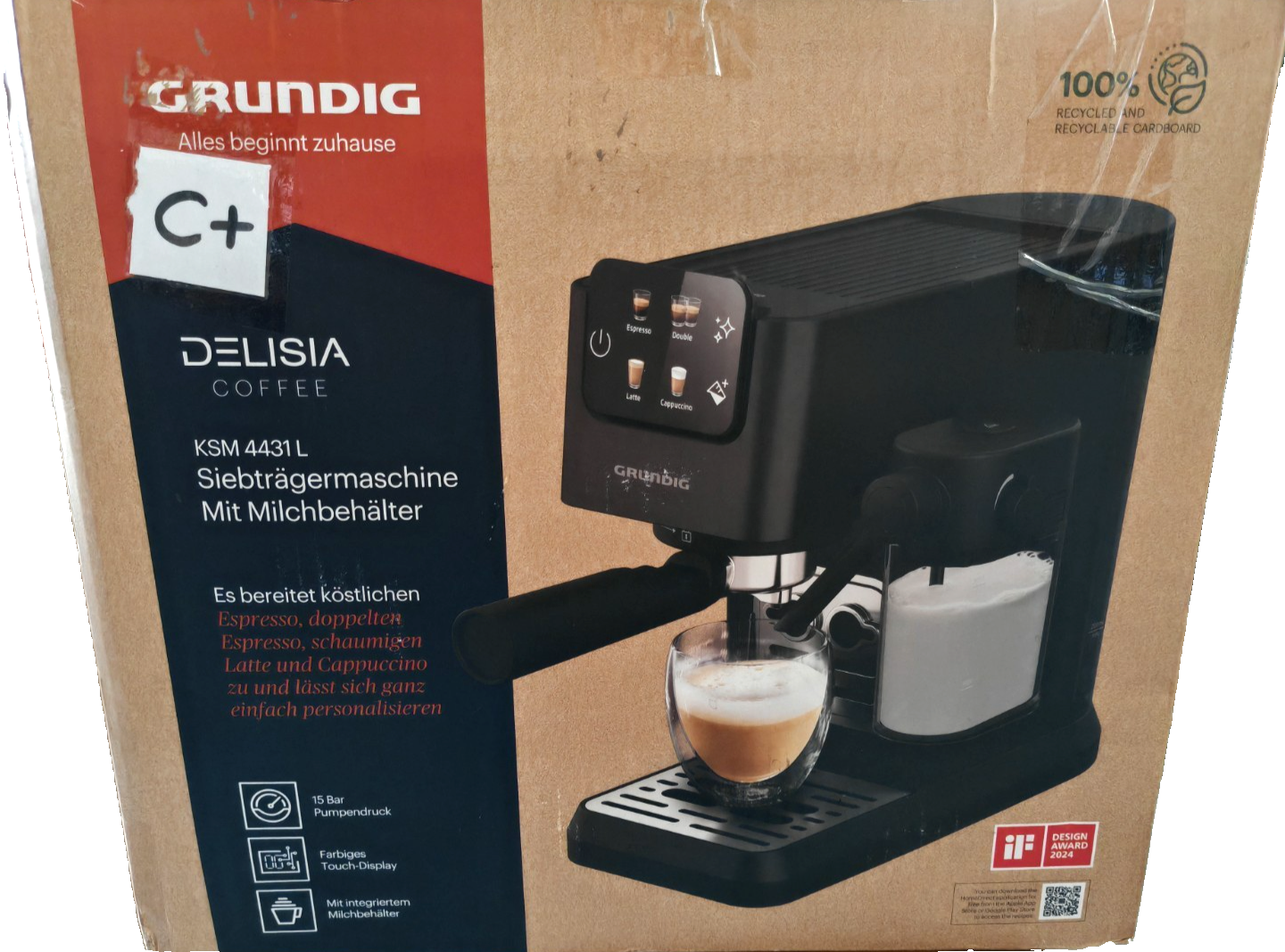 Grundig KSM 4431 L Siebträgermaschine 15 Bar Milchbehälter Touch Display D8