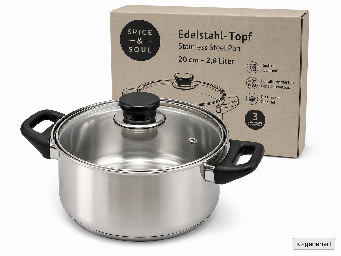 Spice & Soul Kochtopf 20cm 2,6L Edelstahl Topf Glasdeckel rostfrei Induktion B5