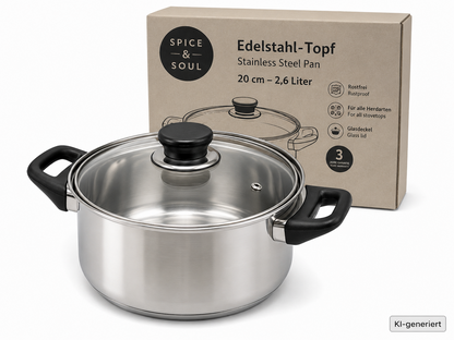 Spice & Soul Kochtopf 20cm 2,6L Edelstahl Topf Glasdeckel rostfrei Induktion B5