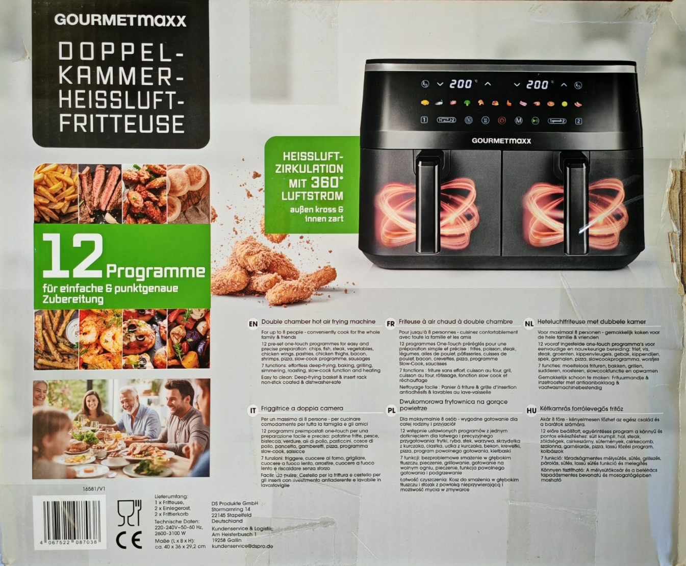 GOURMETmaxx Doppelkammer Heißluftfritteuse 2x4,5L Airfryer 12 Programme HO-A22