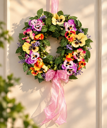 TEWA Türkranz Stiefmütterchen Blumenkranz 25 cm Rosa Lila Frühlingsdeko B3