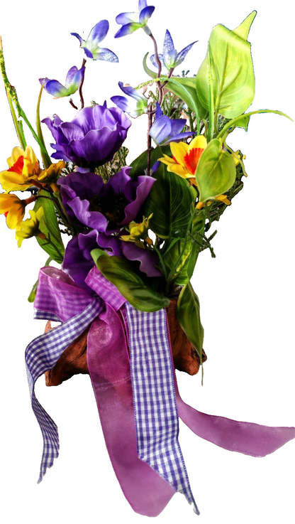 Künstliches Blumengesteck auf Baumstamm 24 cm Lila Gelb Kunstblumen Deko C6