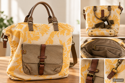 Desiderius Rika Damen Tasche Yellow Canvas Olive Leather Handtasche Shopper F2