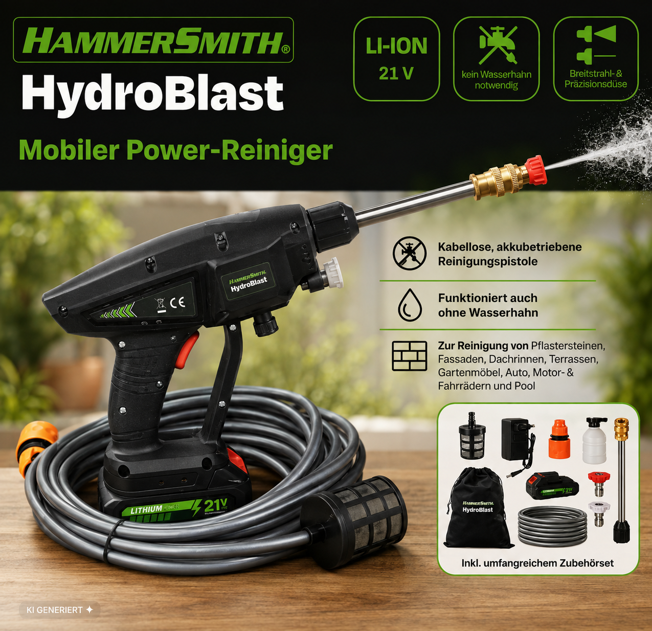 Hammersmith HydroBlast Akku Druckreiniger Hochdruckreiniger kabellos o.Akku D10