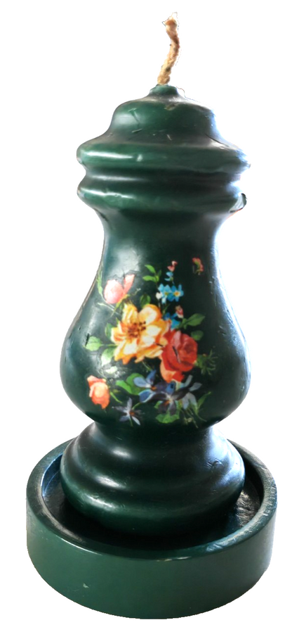 Vintage Schmuckkerze Grün Blumenmotiv Formkerze mit Kerzenteller ca. 14 cm B8