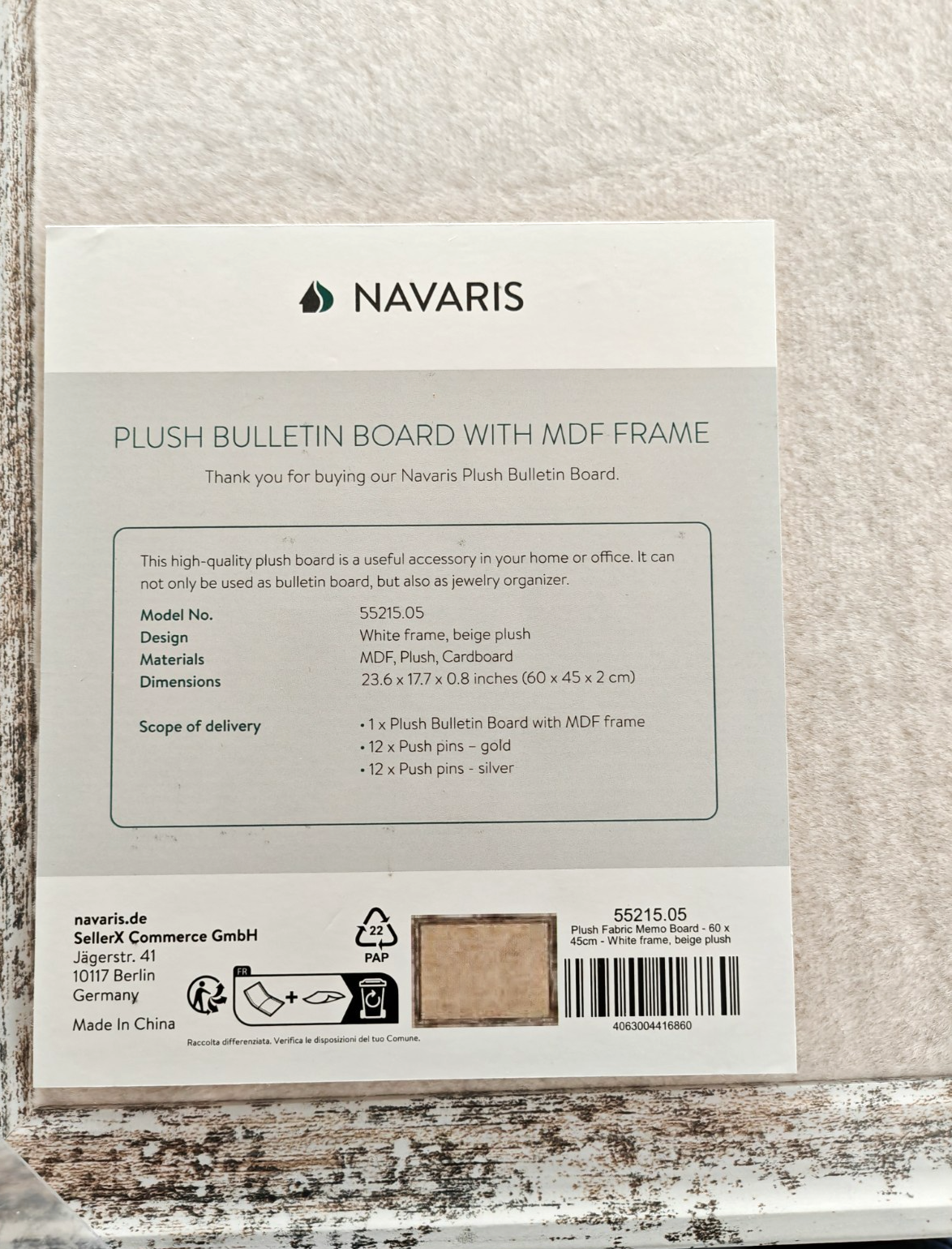 Navaris Pinnwand 60x45cm Stoff Beige Memoboard Bilderwand MDF Rahmen Vintage P3