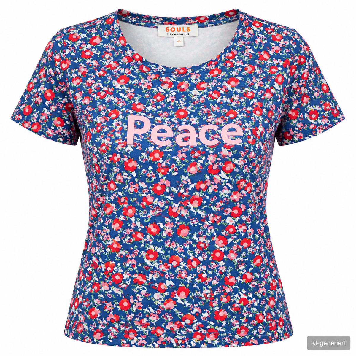 SOULS by EYWASOULS Damen T-Shirt Gr. 40 Blau Blumenmuster Peace Kurzarm D2