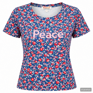SOULS by EYWASOULS Damen T-Shirt Gr. 40 Blau Blumenmuster Peace Kurzarm D2
