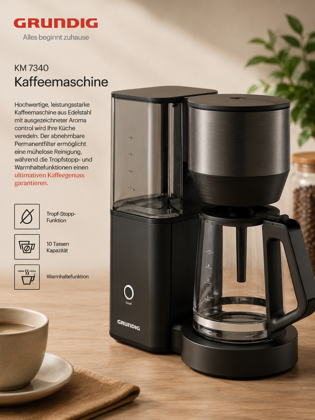 GRUNDIG KM7340 Filterkaffeemaschine 1,25L 10 Tassen 1150W Aromawahl B05