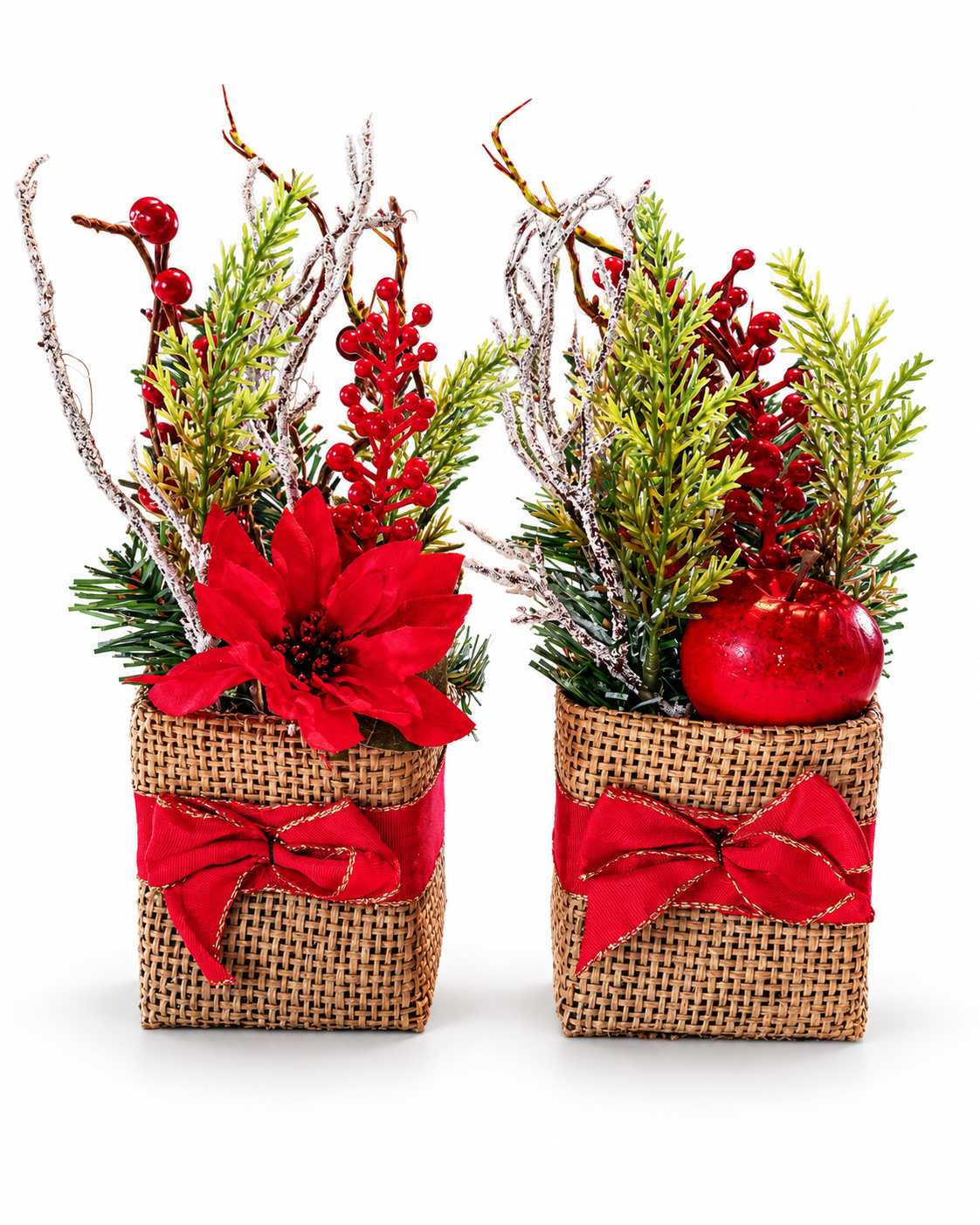 Weihnachtsgesteck 2er Set Kunstpflanzen Weihnachtsdeko Jutesack Rot ca. 20cm A31