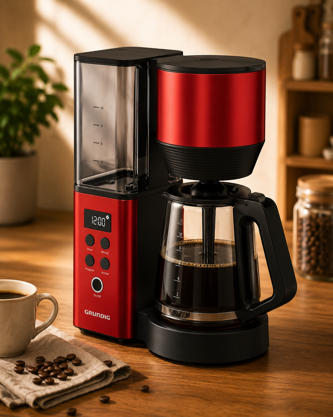 GRUNDIG KM8440 Filter Kaffeemaschine 1,25L 12 Tassen Timer Rot 1000W B05