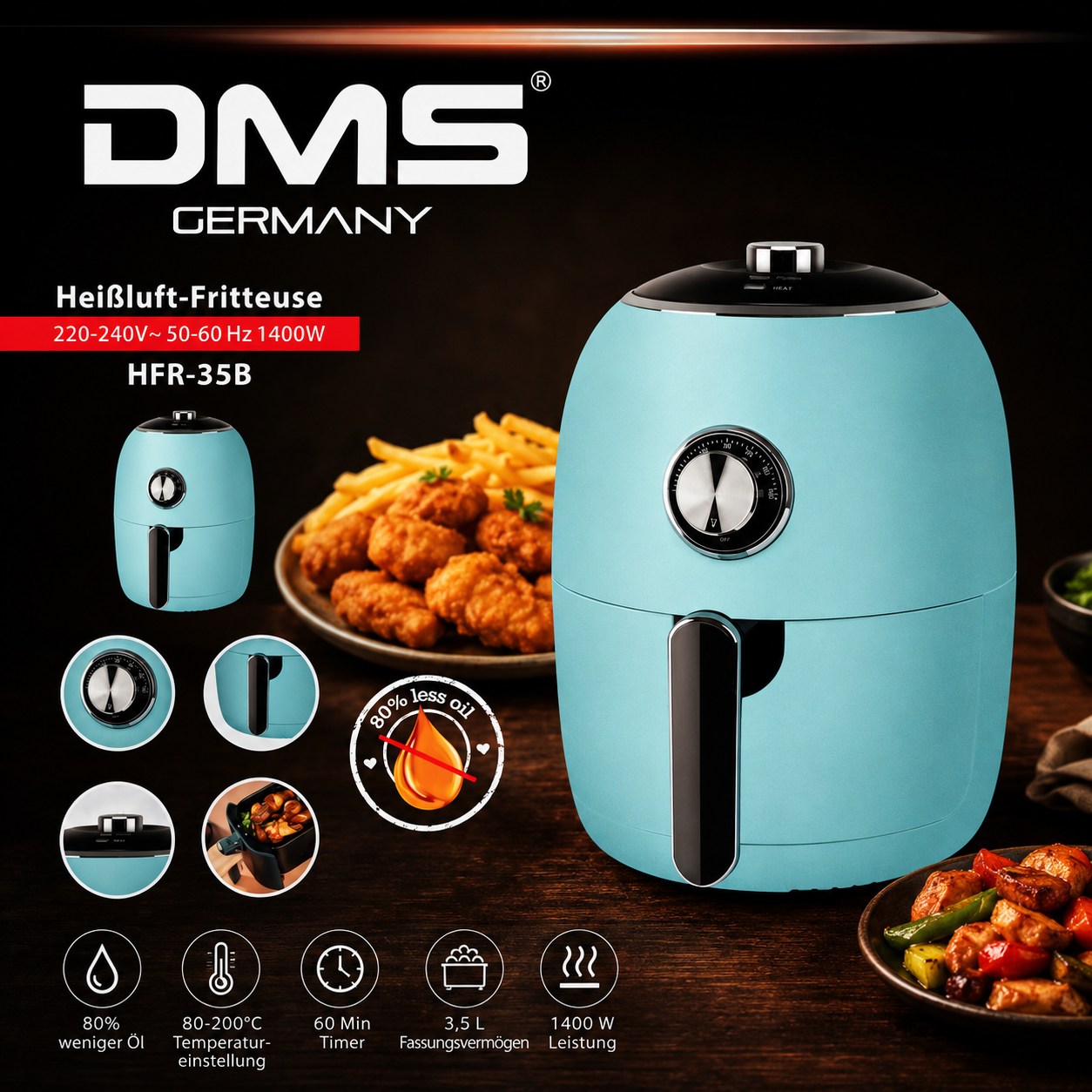 DMS Retro Heißluftfritteuse 3,5L 1400W Blau Airfryer Fettarm HFR-35B HO-A21