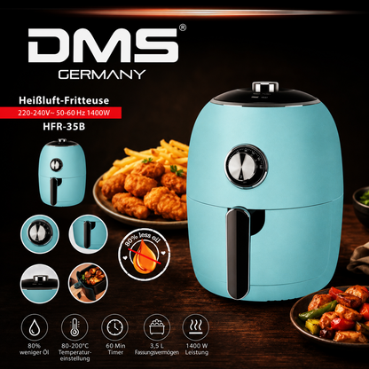DMS Retro Heißluftfritteuse 3,5L 1400W Blau Airfryer Fettarm HFR-35B HO-A21