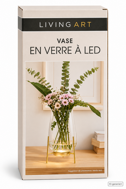 LIVING ART LED Glasvase 29cm Gold Metallständer Timer Deko Blumenvase HA33
