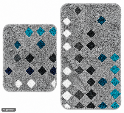 2tlg Badteppich Set 80x50 50x40cm Grau Türkis Punkte Badematte Polyester HA3