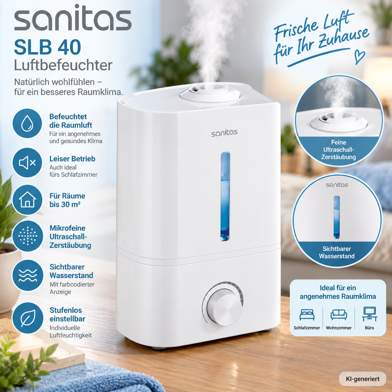 Sanitas SLB 40 Luftbefeuchter Ultraschall 4L 300ml/h Aroma bis 30m² 25W HA28