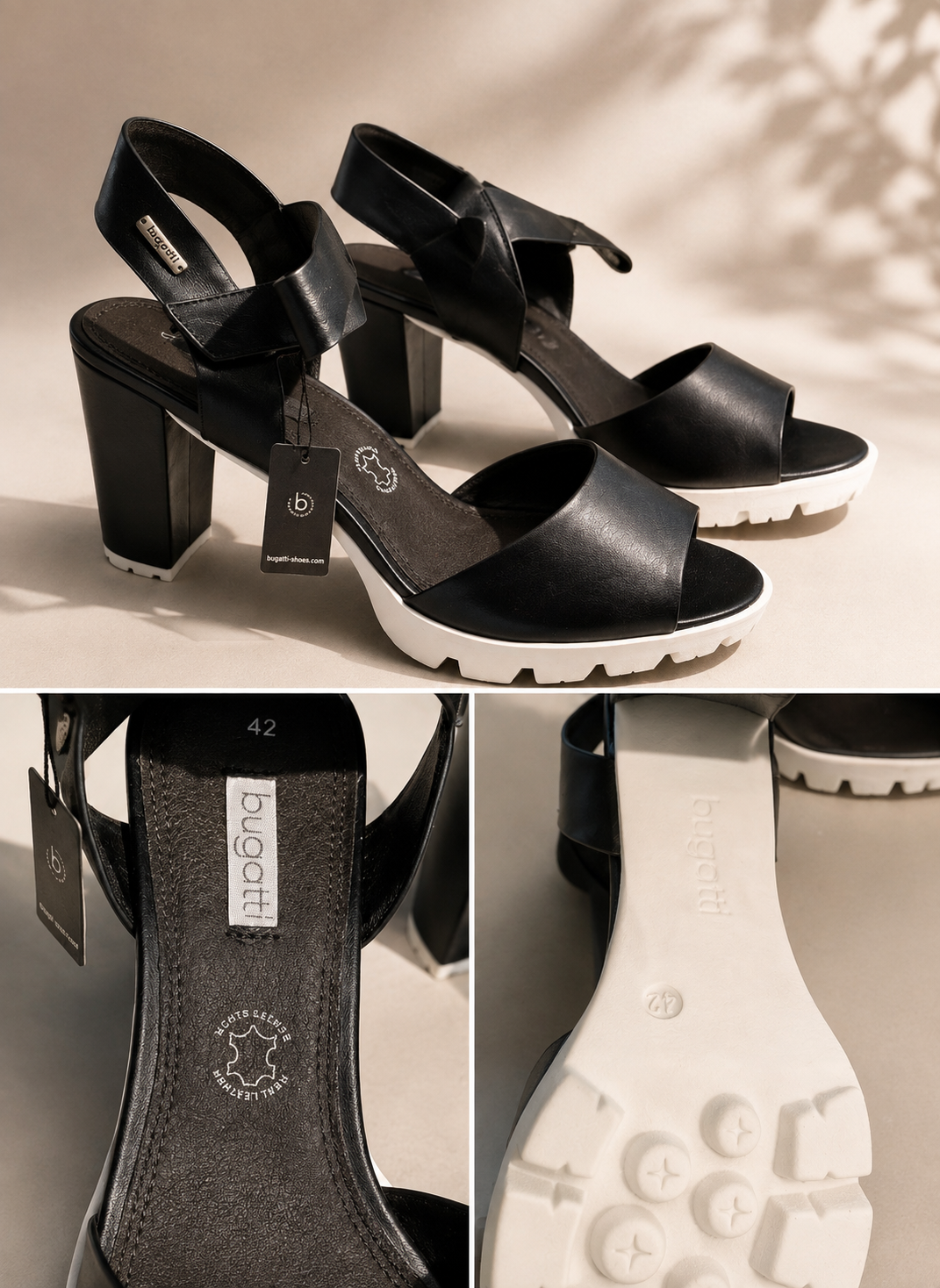 Bugatti Damen Sandaletten Schwarz Gr. 42 Leder Blockabsatz Plateau High Heels G1