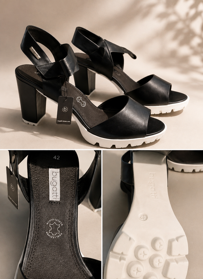 Bugatti Damen Sandaletten Schwarz Gr. 42 Leder Blockabsatz Plateau High Heels G1