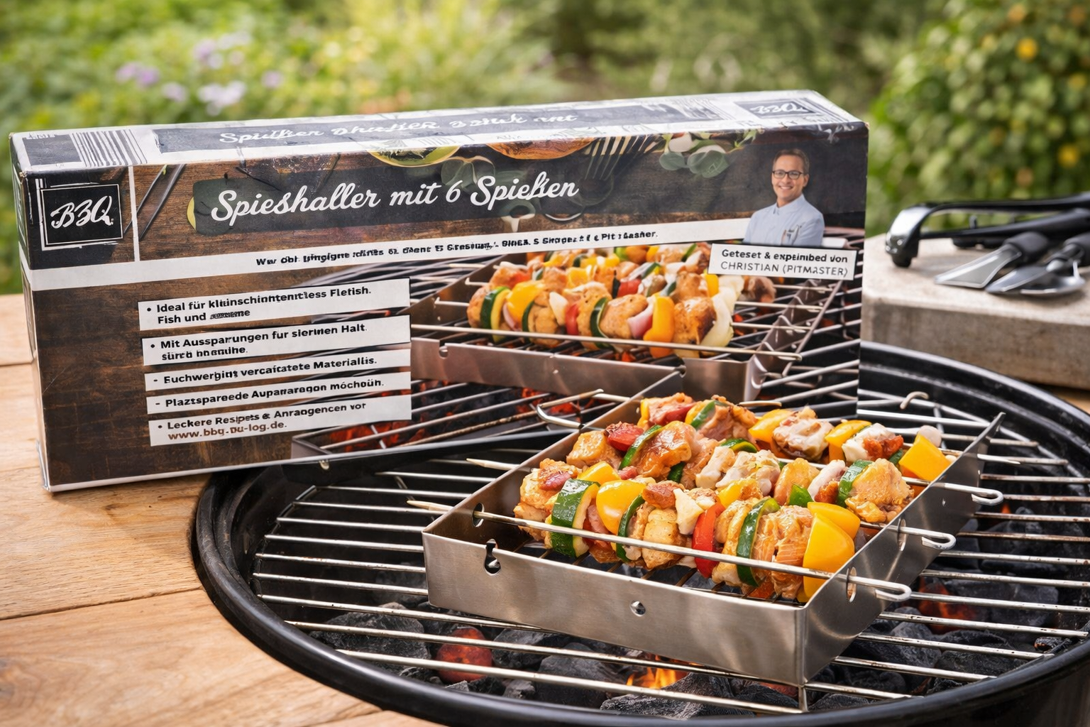 Grillspieß Set Edelstahl – Spießhalter mit 6 Spießen BBQ