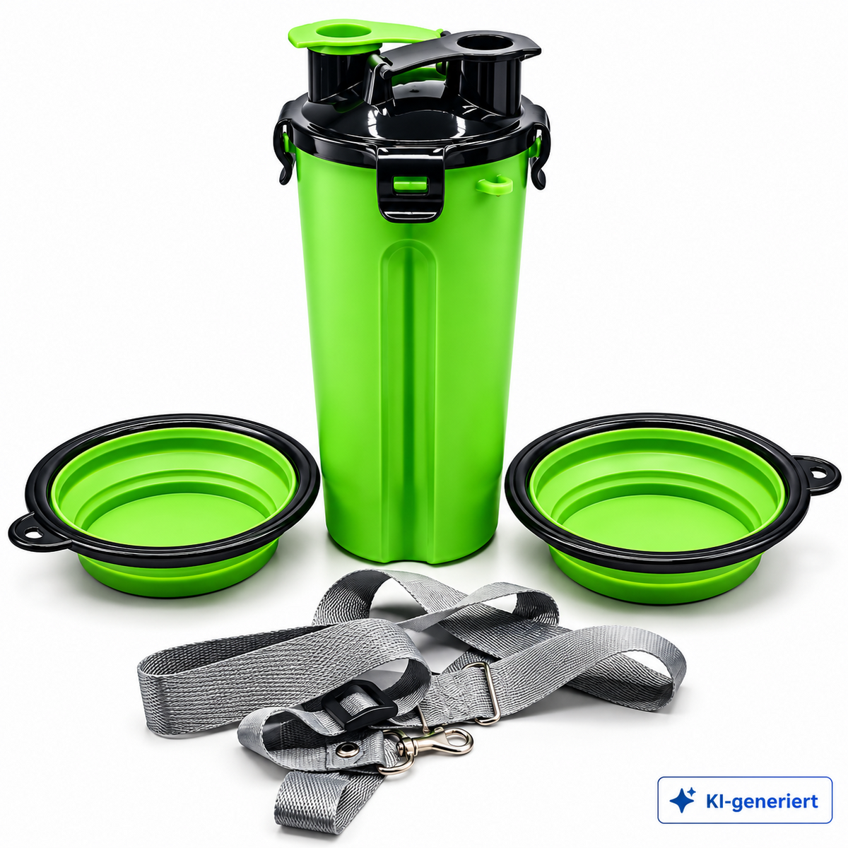 Pets Go Out Futter- & Wasserflasche Grün mit 2 Näpfen für Hunde Reisen D10
