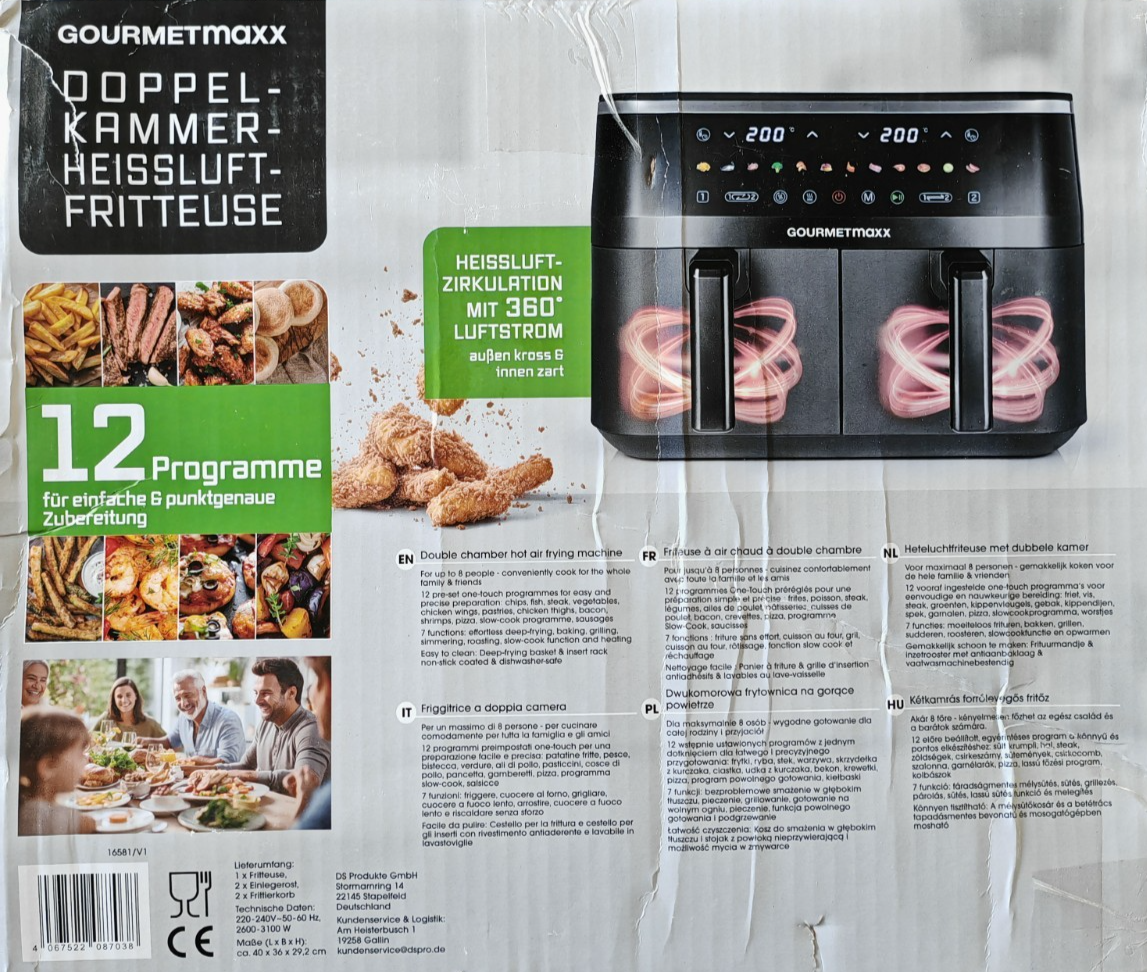 GOURMETmaxx Doppelkammer Heißluftfritteuse 9L Airfryer 3100W 12 Programme HA22