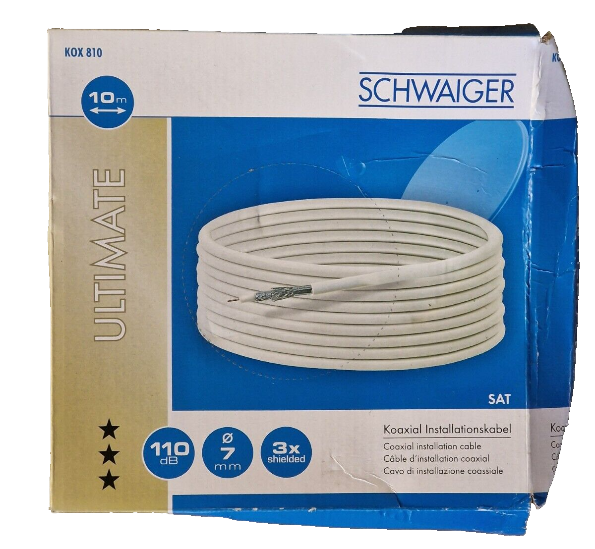 Schwaiger KOX810 Koaxialkabel 10m 110dB 3x Shielded 7mm TV Kabel