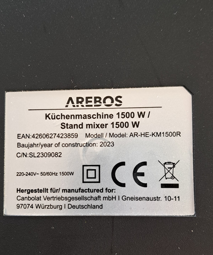 Arebos Küchenmaschine 1500w Rot, Hochwertig, Teig, Kochen, Backen