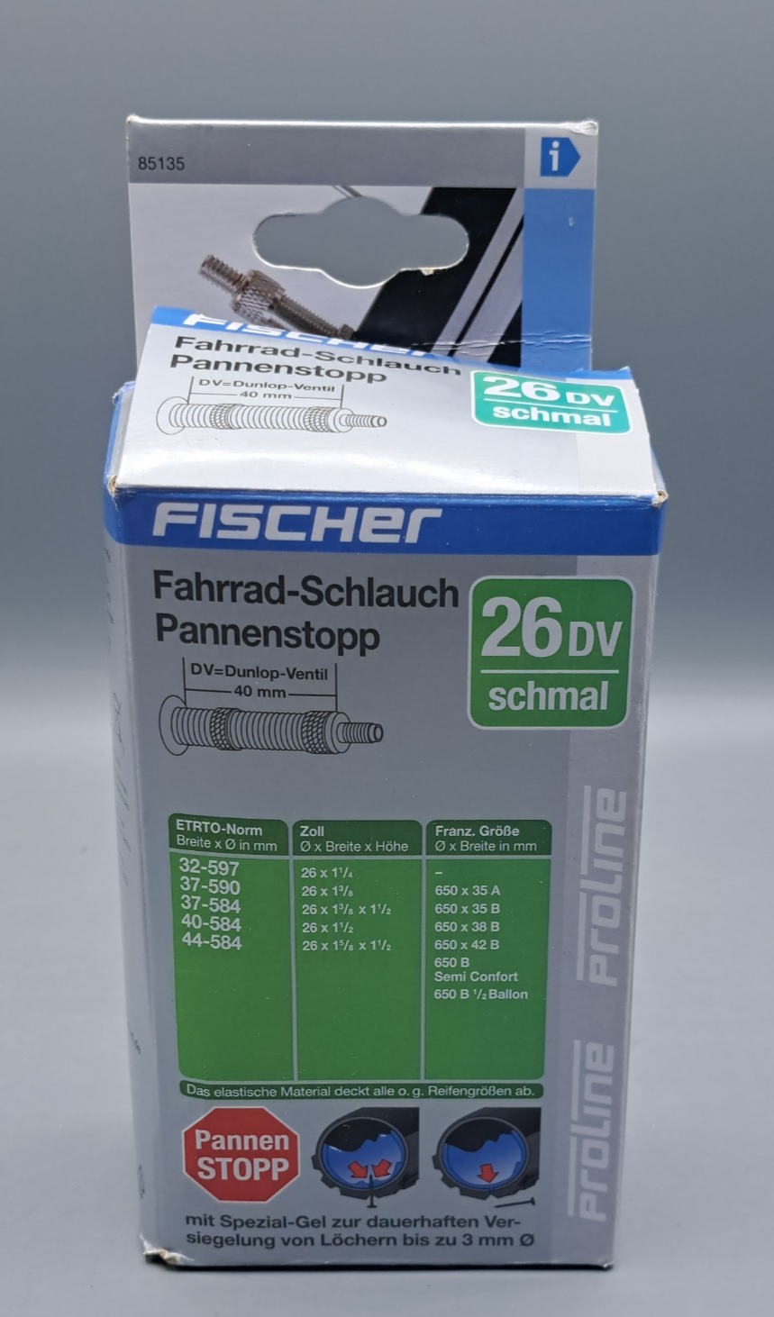 FISCHER Fahrradschlauch 26 Zoll DV Pannenstopp Dunlop Ventil 40mm Gel E4